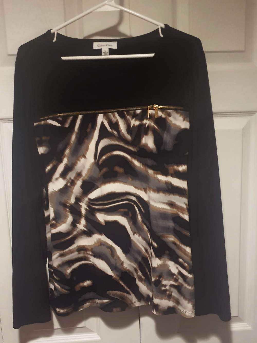 Calvin Klein Black Long-Sleeve Top with Abstract Brown & White Panel